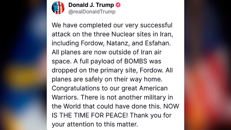 Trump confirma ataque a instalaciones nucleares en Irán 