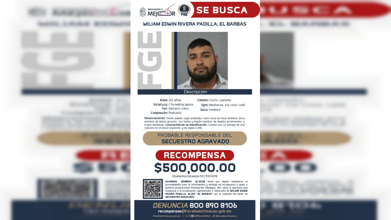 Gobierno de Michoacán y Fiscalía del Estado ofrecen medio millón por "El Barbas" 