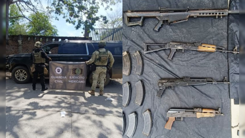 Aseguran armamento de alto poder, Barrett calibre 50 y Suburban robada en operativo conjunto en Apatzingán, Michoacán 