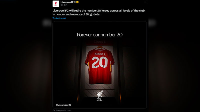 Anuncia Liverpool que el dorsal 20 será retirado en todos los niveles en honor a Diogo Jota 