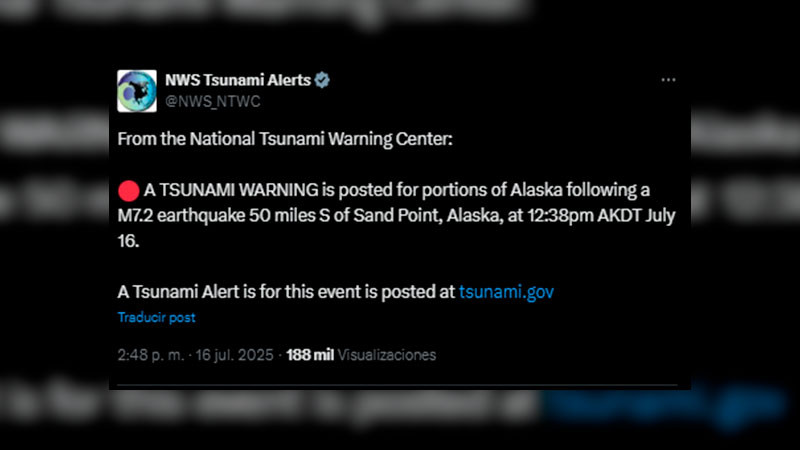 Advierten llegada de Tsunami, tras sismo de magnitud 7.3 que impactó en Alaska 