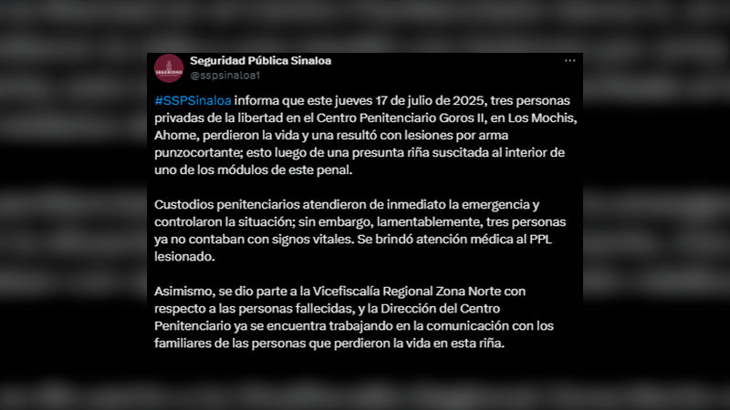 Riña deja 3 reos muertos y un herido de gravedad en penal de Sinaloa 