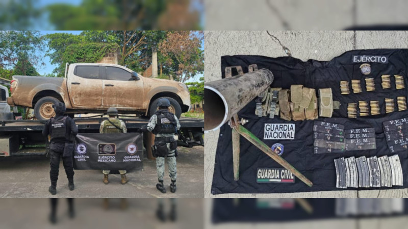 Aseguran mortero artesanal y camioneta robada en Apatzingán, Michoacán 