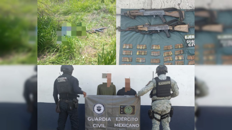  Policía y Ejército abaten a presunto delincuente y capturan al "Enano" y el "Peso Pluma" en Apatzingán, Michoacán: Aseguran armas y munición 
