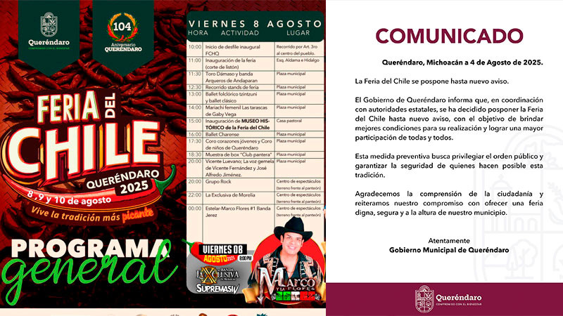 Confirma Gobierno de Queréndaro la suspensión de la Feria del Chile 