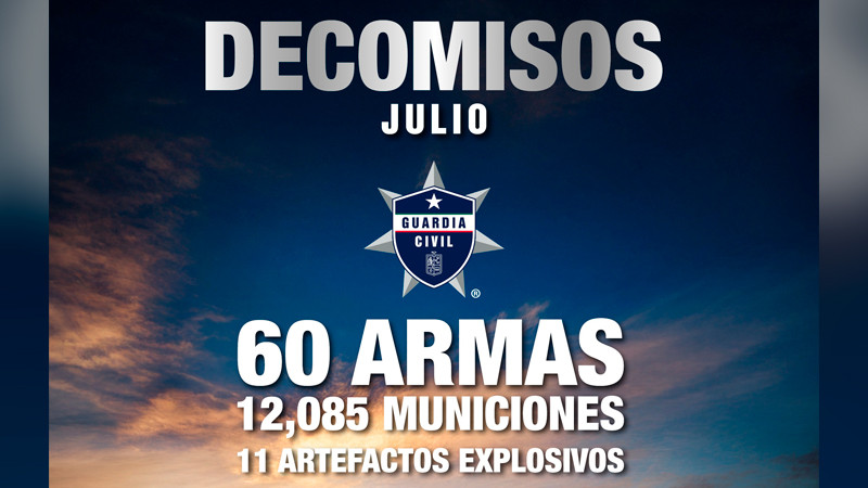 Autoridades aseguran en julio 60 armas de fuego, 11 explosivos y más de 12 mil cartuchos en Michoacán 
