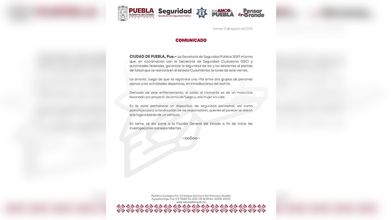 Previo a un partido de la LigaMX se suscitó un tiroteo a las afueras del Estadio Cuauhtémoc en Puebla; se reporta una persona muerta y un lesionado  