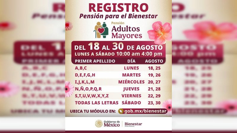 En agosto, registro a las pensiones Mujeres Bienestar y Adultos Mayores 