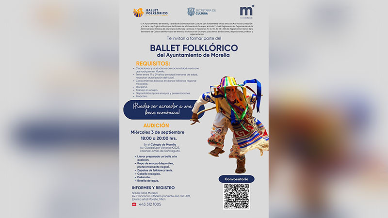  SeCultura invita a sumarse al Ballet Folklórico del Ayuntamiento de Morelia 