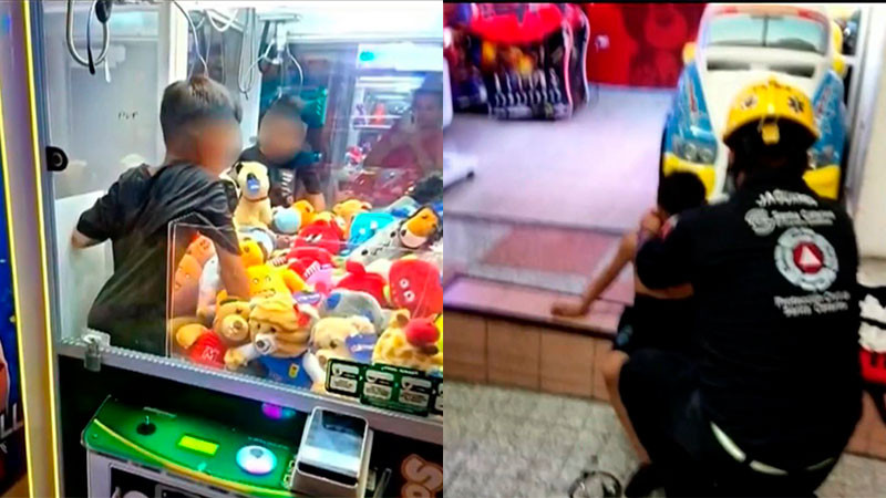 Rescatan a niño que quedó atrapado adentro de máquina de peluches en Nuevo León 
