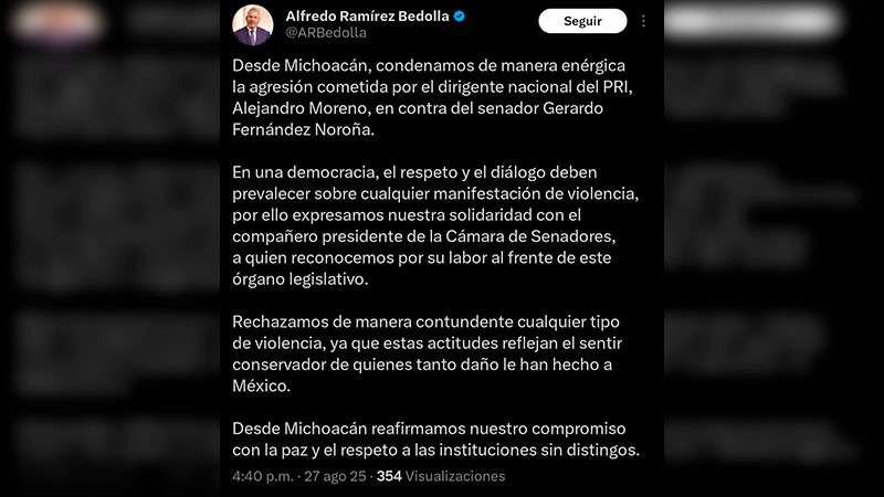 Bedolla condena agresión contra Fernández Noroña 
