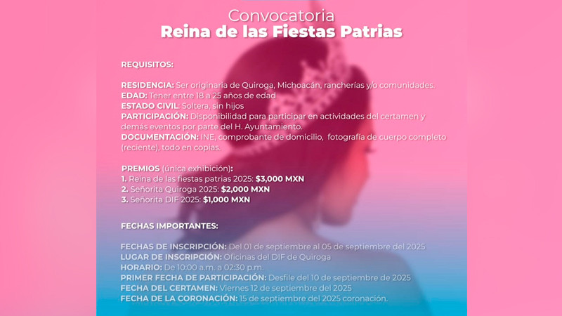 Abre Quiroga convocatoria para elegir a la Reina de las Fiestas Patrias 2025 