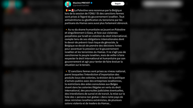 Bélgica reconocerá al Estado palestino e impondrá sanciones contra el gobierno de Israel en la Asamblea General de la ONU en septiembre 