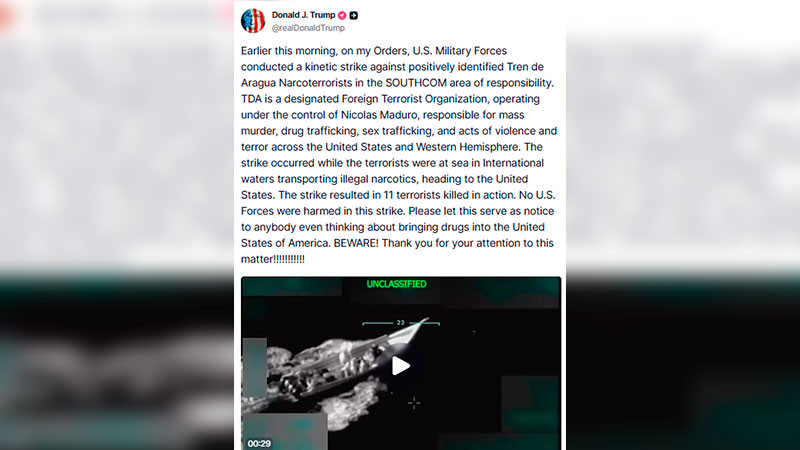 Tras ataque naval, Trump confirma la muerte de 11 personas que transportaban sustancias ilícitas en el Caribe; asegura que esta embarcación se dirigía a los EEUU 