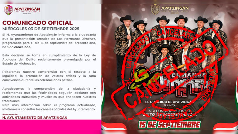 Apatzingán cancela a Hermanos Jiménez pese a acuerdo; prioriza lineamientos estatales  