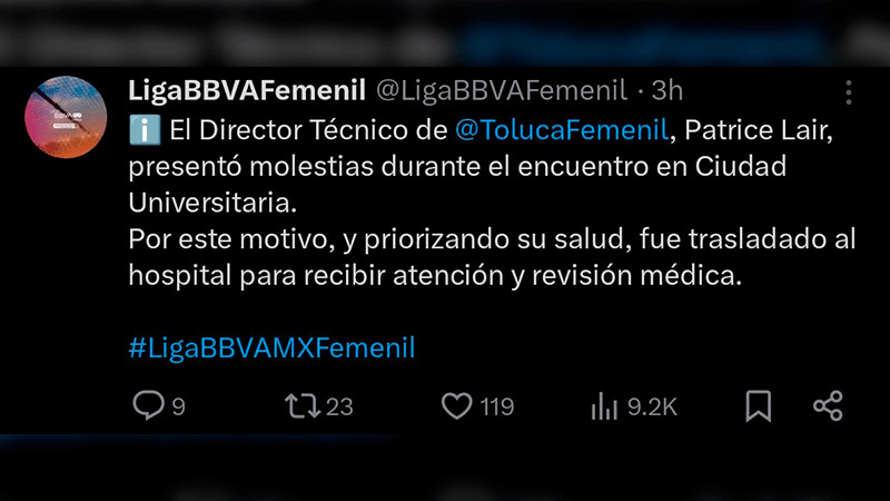 DT del Toluca Femenil es trasladado al hospital en pleno partido contra Pumas 