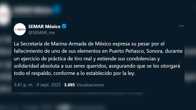 Confirman muerte de capitán de la Semar; indican que perdió la vida durante una práctica de tiro en Sonora 