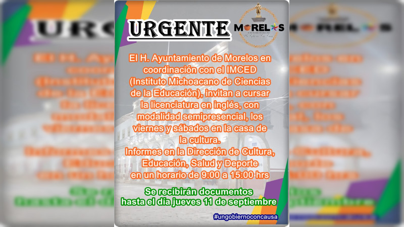 Invitan Ayuntamiento de Morelos e IMCED a jóvenes a cursar la Licenciatura en Inglés en modalidad semipresencial 