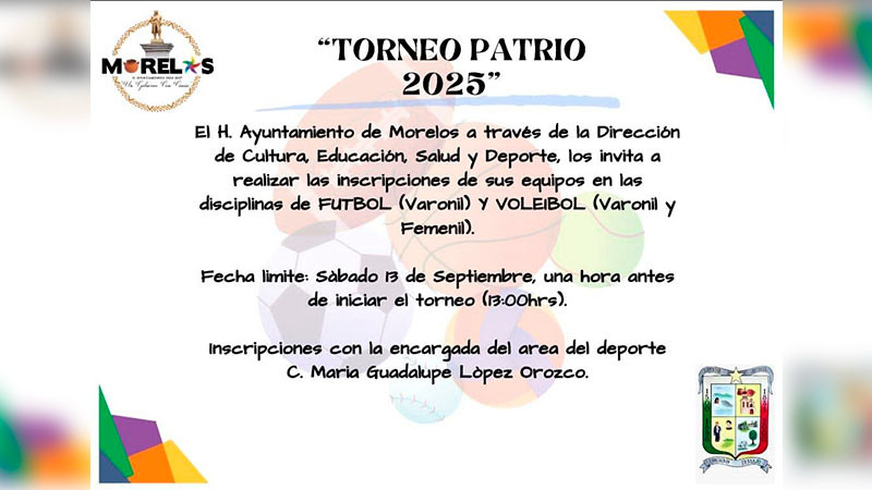 Invita Ayuntamiento de Morelos a participar en el Torneo Patrio 2025 