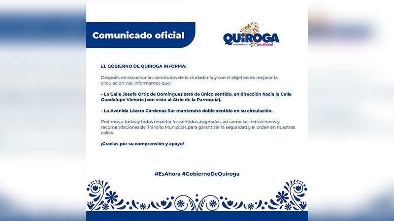 Mejora Gobierno de Quiroga la circulación vial con medidas responsables y viables 