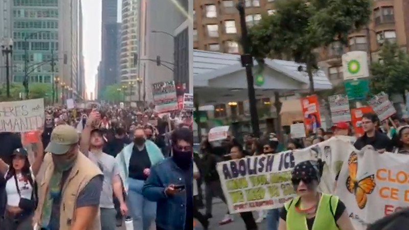 Estallan protestas pro migrantes en Chicago durante visita de Kristi Noem 