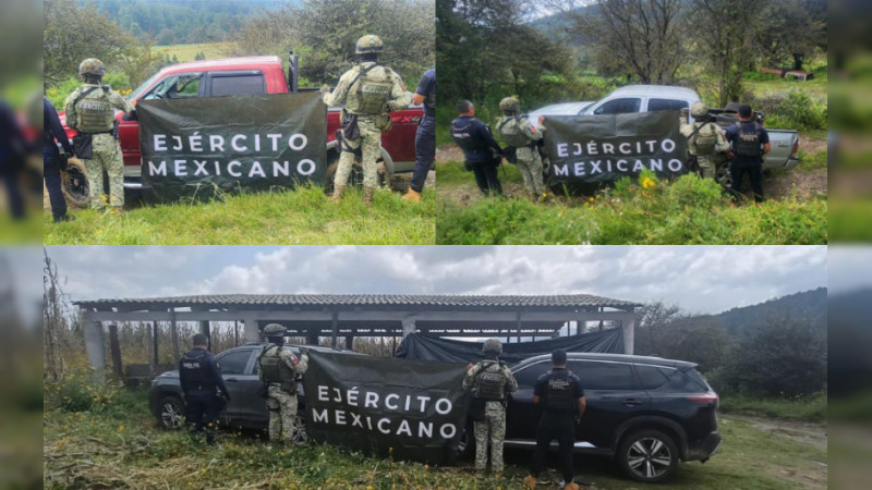 Revientan campamento criminal en Zinapécuaro, Michoacán: aseguran cuatro vehículos robados, rifle y municiones 