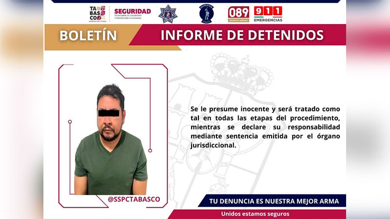Detienen a otro presunto integrante de grupo delictivo que opera en Tabasco 