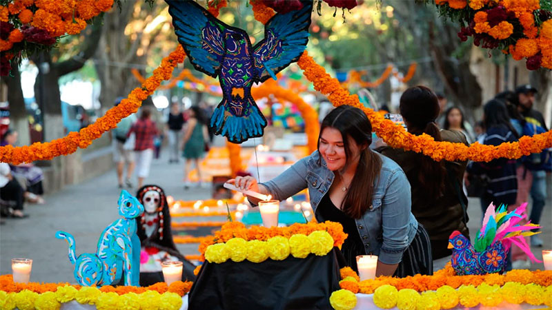 Calzada San Diego, Villalongín y plaza Jardín Morelos, deslumbran con altares y tapetes del Día de Muertos