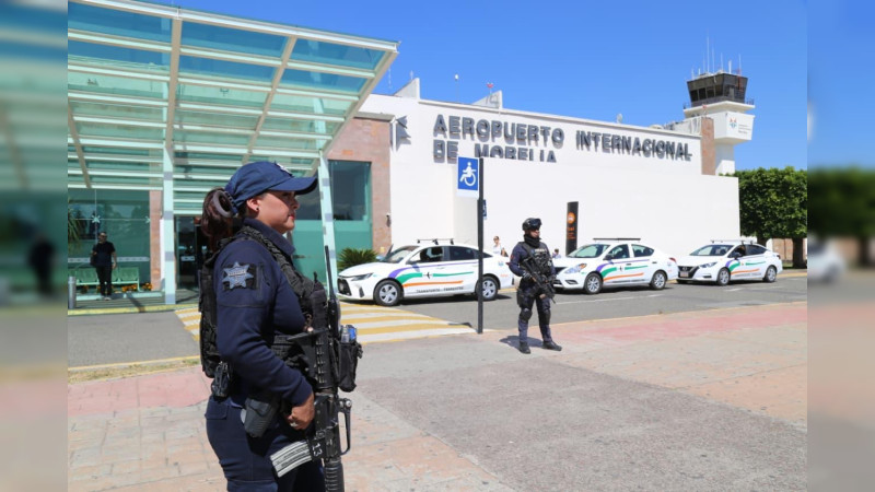 Operativo especial resguarda el Aeropuerto de Morelia con fuerte presencia de la Policía de Álvaro Obregón, Michoacán 