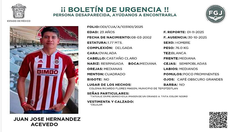 Localizan sin vida a joven que había desaparecido el pasado 30 de octubre en Tepotzotlán, Estado de México  