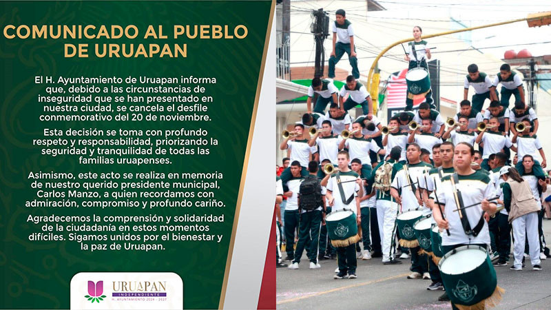 Por inseguridad, cancelan el desfile conmemorativo del 20 de noviembre en Uruapan, Michoacán  