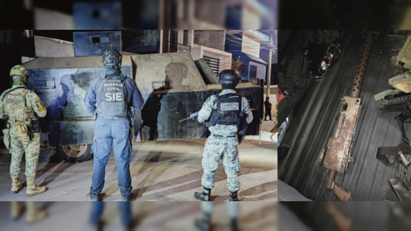 Tras ataque armado, fuerzas federales aseguran camión “monstruo” y ametralladora antiaérea a unas calles del centro de Los Reyes, Michoacán 