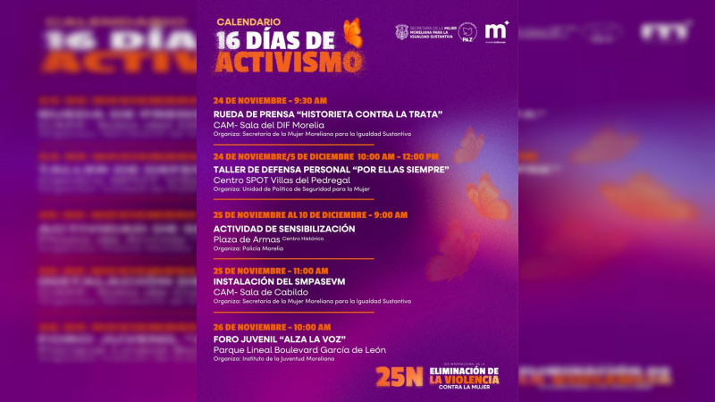 Gobierno de Morelia se une a los 16 Días de Activismo contra la Violencia hacia las Mujeres 