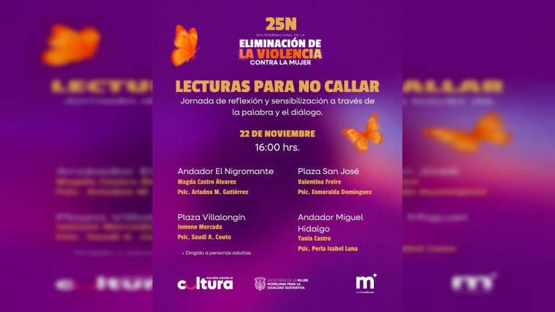 SeCultura Morelia invita a jornada de lectura y diálogo en el marco del 25N 