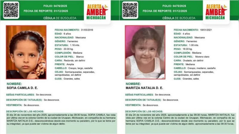 Emiten Alerta Amber por Maritza Natalia y Sofía Camila, hijas de mujer asesinada en Uruapan 