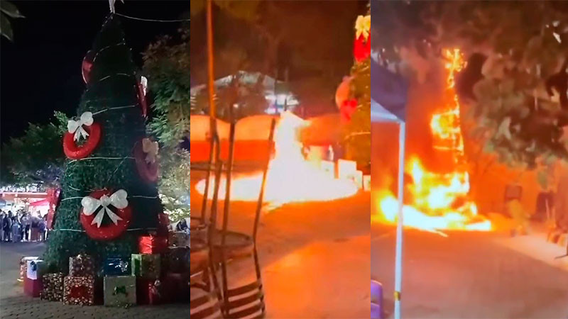 Pobladores incendian árbol navideño en Jonacatepec, Morelos, en protesta por el atropellamiento de un menor y un adulto por una patrulla municipal 