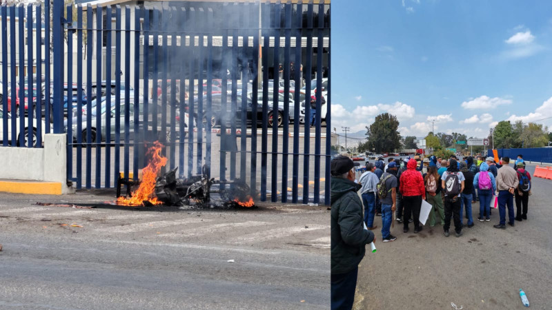 Pobladores de Carapan incendian motocicleta de la Guardia Civil a las afueras de la Fiscalía en Morelia 