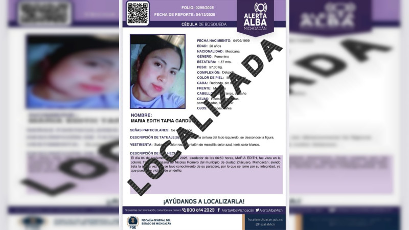 Localizan sana y salva a María Edith reportada como desaparecida en Zitácuaro, Michoacán  