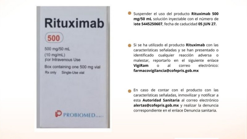 Emite COFEPRIS Alerta Sanitaria por Falsificación de Rituximab 