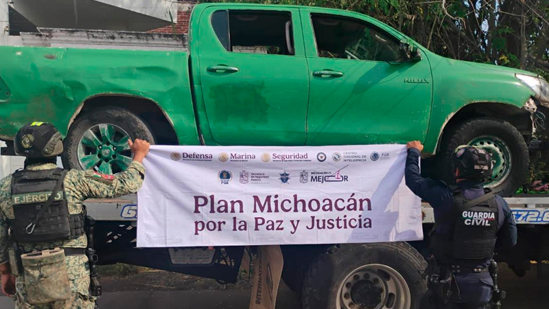La SSP destruye en Buenavista, Michoacán un campamento ilícito y asegura 3 vehículos con reporte de robo 
