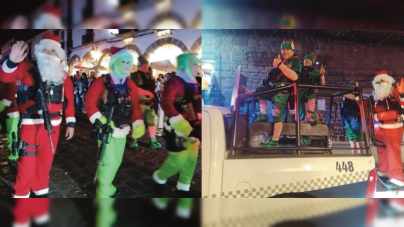 Santa, sus duendes y el Grinch desfilan con rifles de grueso calibre en Michoacán: critican al gobierno de Pátzcuaro por sacar a sus policías disfrazados y armados 