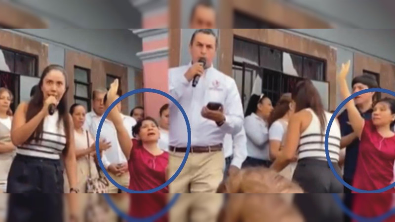 Fanny Arreola huye ante sindicalizados del ayuntamiento de Apatzingán, Michoacán; los citó para llamarlos sus “hijos berrinchudos”, pero corrió cuando buscaban responderle 