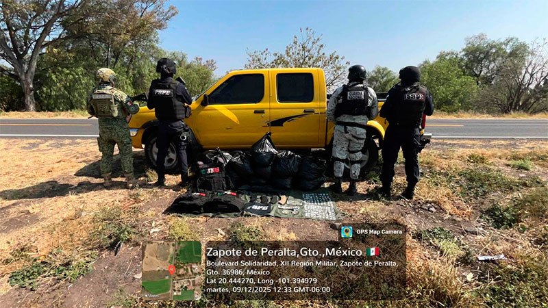 Operativo coordinado en Abasolo, Guanajuato deja decomiso de estupefacientes, armamento y equipo táctico 