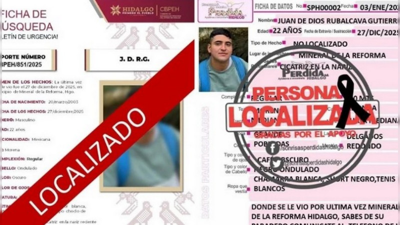 Localizan sin vida a joven de 22 años desaparecido desde el mes de diciembre en Hidalgo 