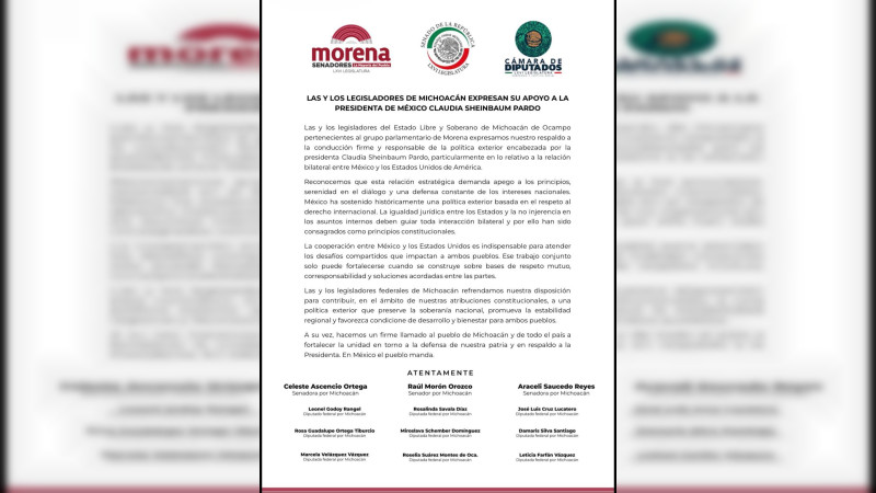 Legisladores de Morena Michoacán respaldan política exterior de Claudia Sheinbaum 