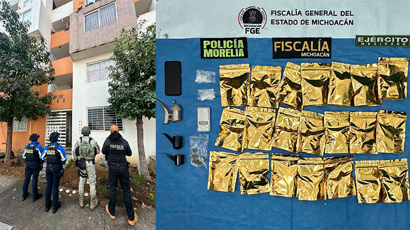 Tras cateo en Morelia, Michoacán, aseguran estupefacientes y detienen a una persona en el fraccionamiento Villas del Pedregal 