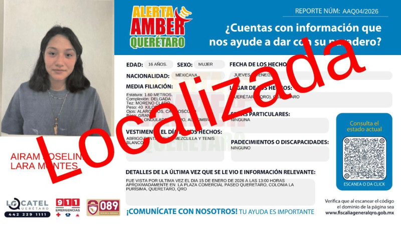 Localizan a adolescente desaparecida en Querétaro 