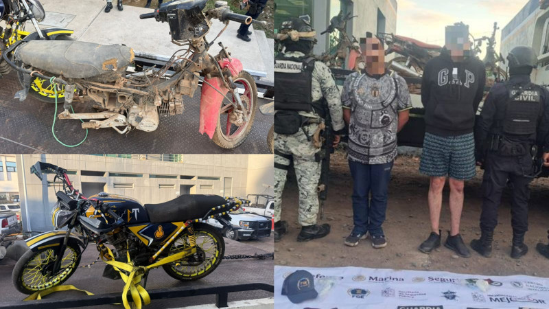 En Tingambato, Michoacán, Guardia Civil detiene a dos hombres; les aseguran estupefacientes y motocicletas presuntamente robadas 
