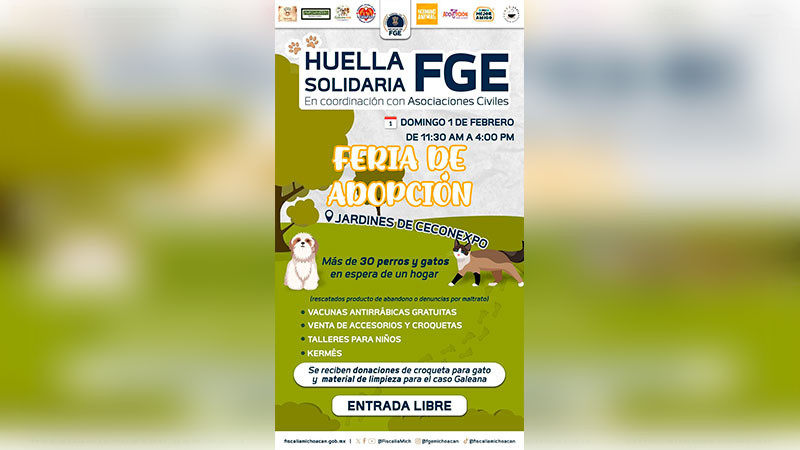 Lanza la FGE de Michoacán una invitación a la Feria de Adopción “Huella Solidaria” 