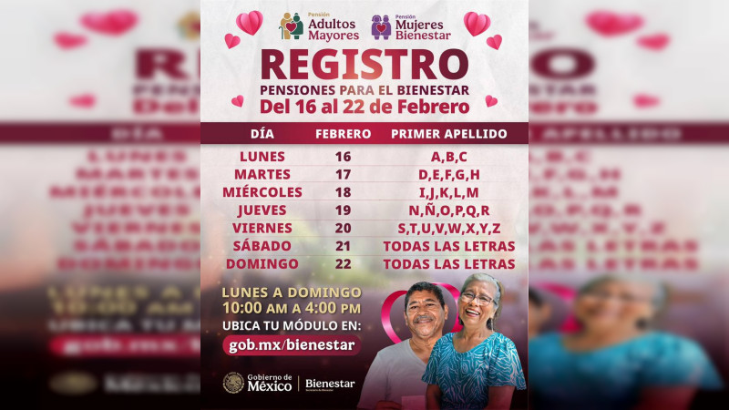 Del 16 al 22 de febrero, registro a Pensiones Mujeres Bienestar y Adultos Mayores 